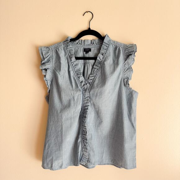 J. Crew Factory Tops - J. Crew Blue Chambray Ruffle Button Up Sleeveless Blouse XL Preppy Casual
